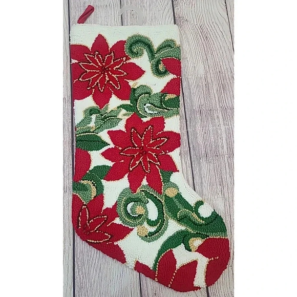 Sugar Plum Dreams Hooked Poinsettia Christmas Stocking Embellished 19.5" New - Picture 1 of 5